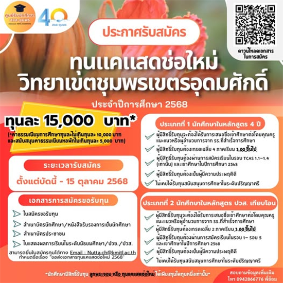รับสมัครทุนสนับสนุนการศึกษา “ทุนแคแสดช่อใหม่ วิทยาเขตชุมพรเขตรอุดมศักดิ์”